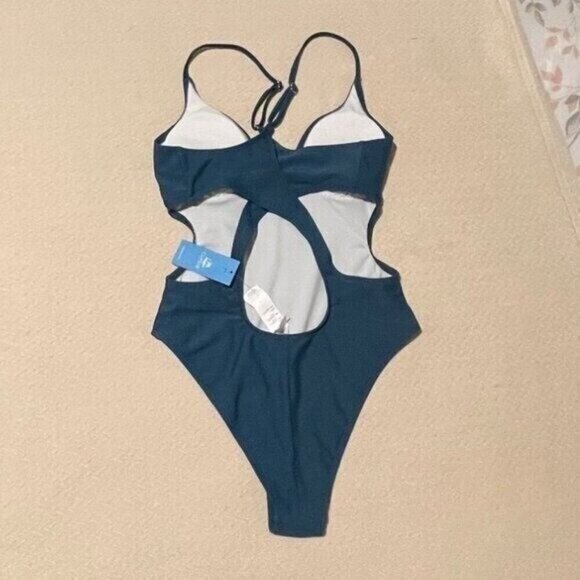 Cupshe Women One-Piece Swimsuit Medium Blue V-Neck Cutout Crossback Strappy - Picture 5 of 10